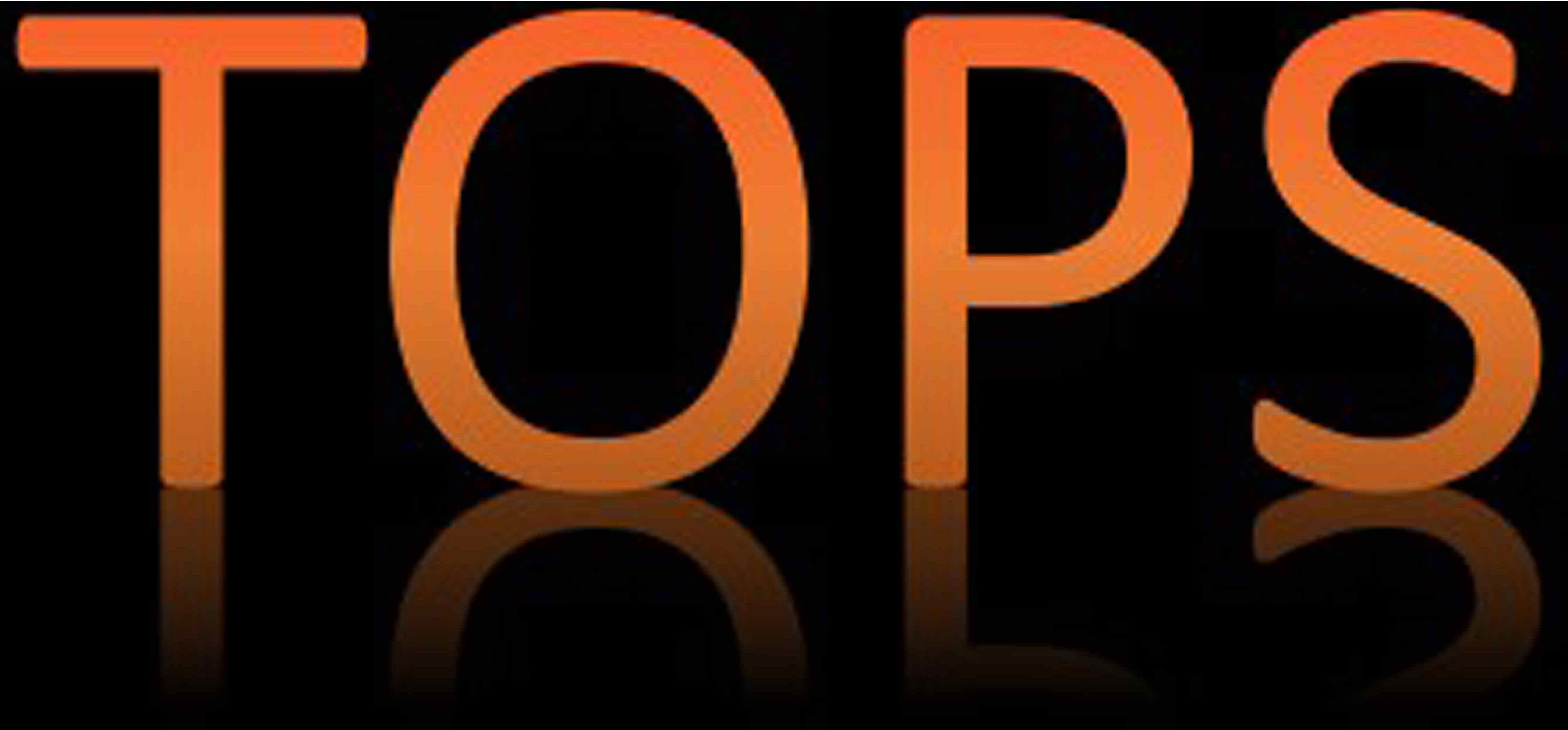 TOPS orange text on a black background