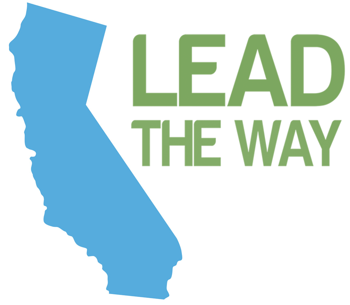 Green text: "Lead the Way" next to a blue California shape