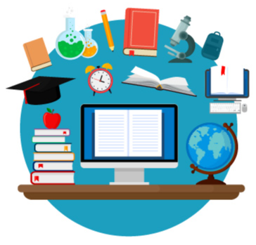 A desk illustration with a computer, books, and a globe on it with various other school-related illustrations above it