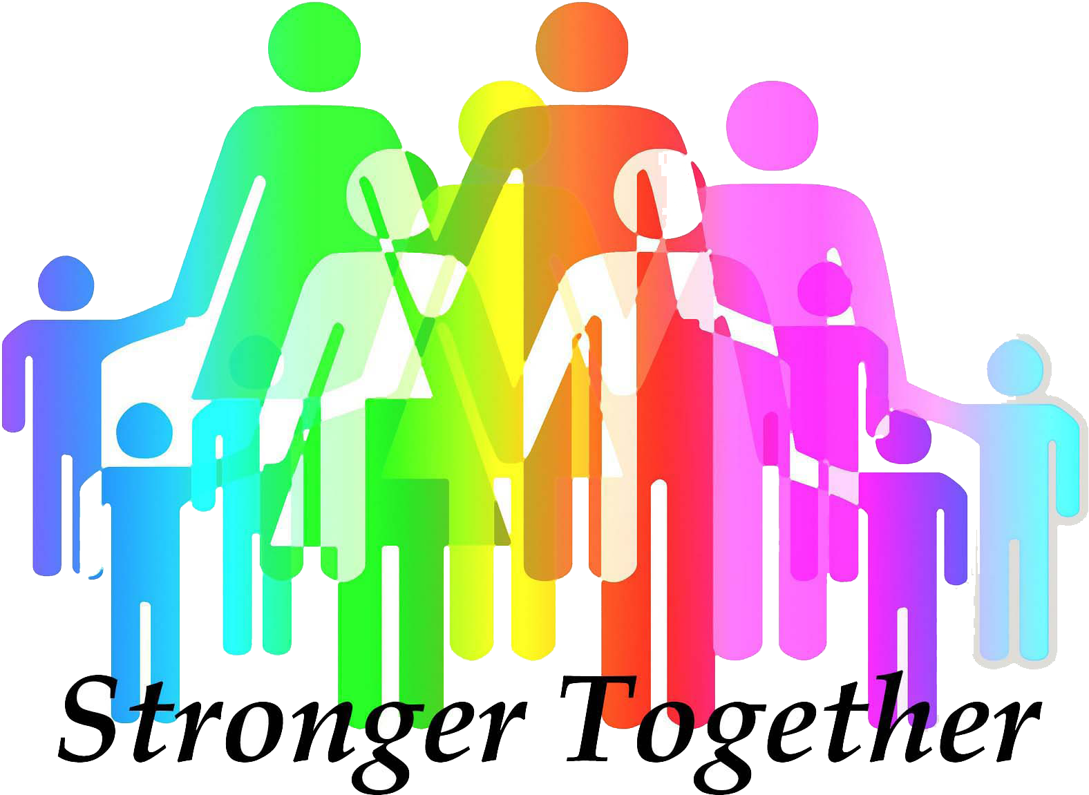"Stronger Together" multicolored people icons holding hands and overlapping