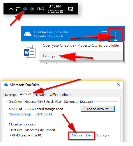 Click on the OneDrive icon, navigate to Settings, select the Account tab, and choose the folders you'd like to back up