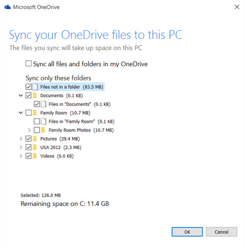 Select specific folders to OneDrive