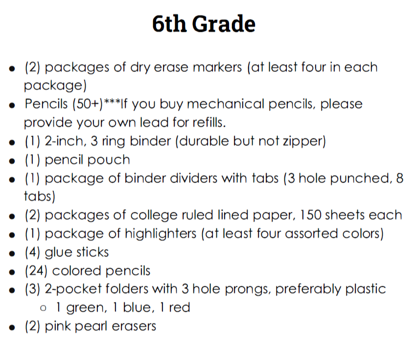 6th Grade Supply List