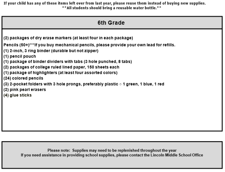6th Grade Supply List