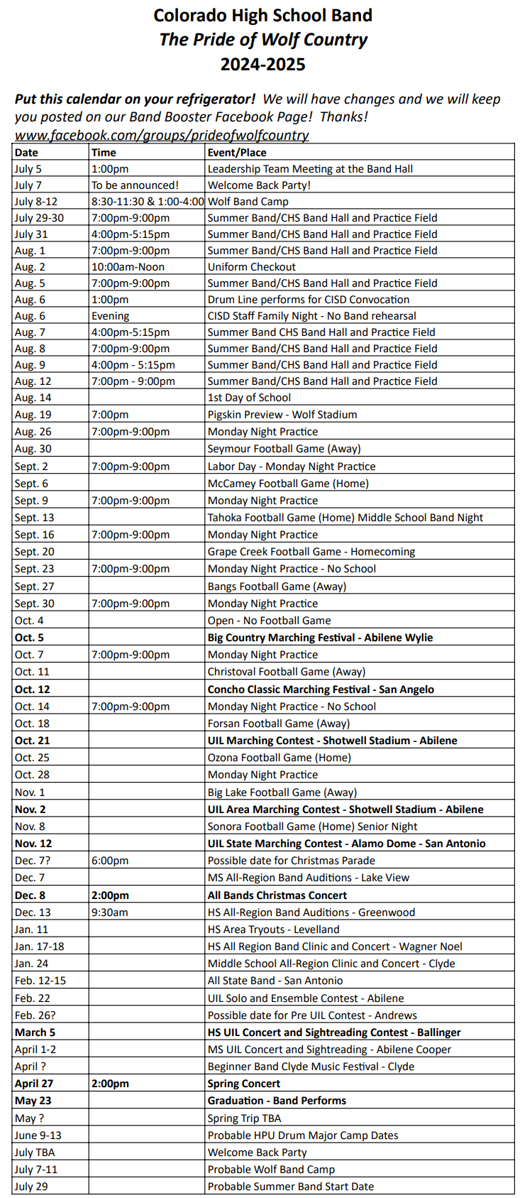 24-25 Band Calendar