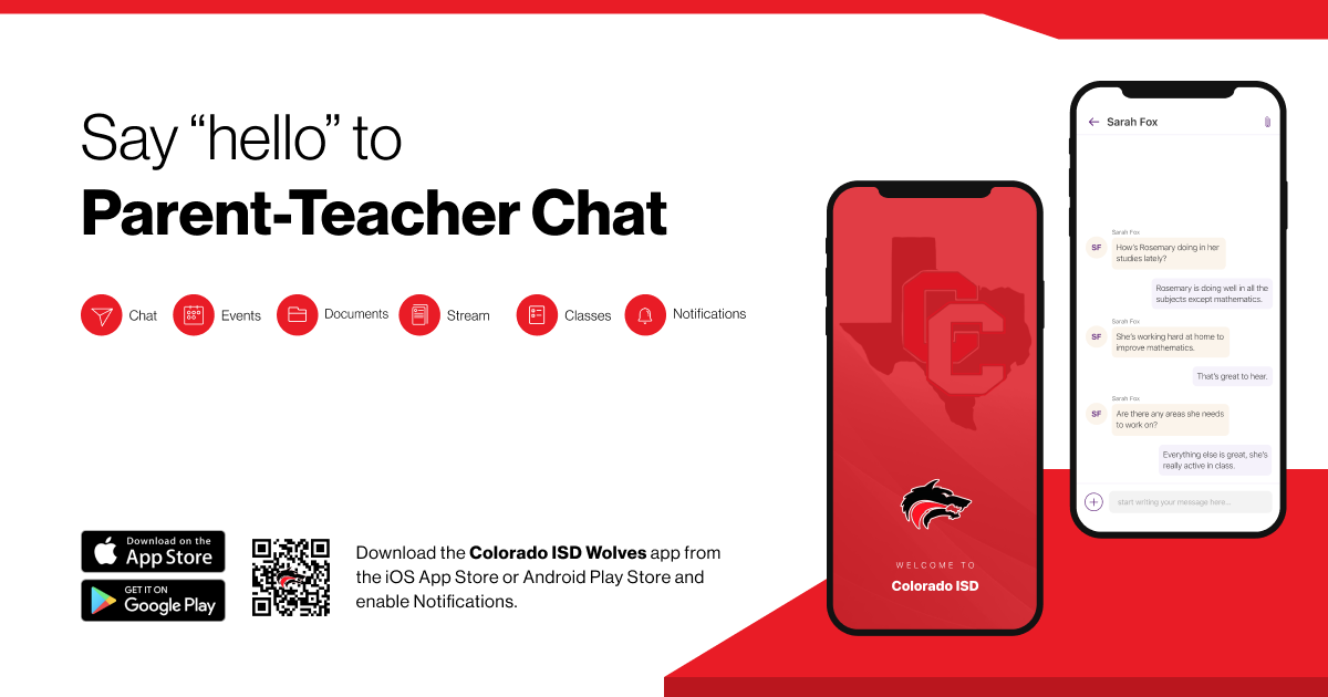 Say hello to Parent-Teacher chat in the new Rooms app. Download the Colorado ISD app in the Google Play or Apple App store.