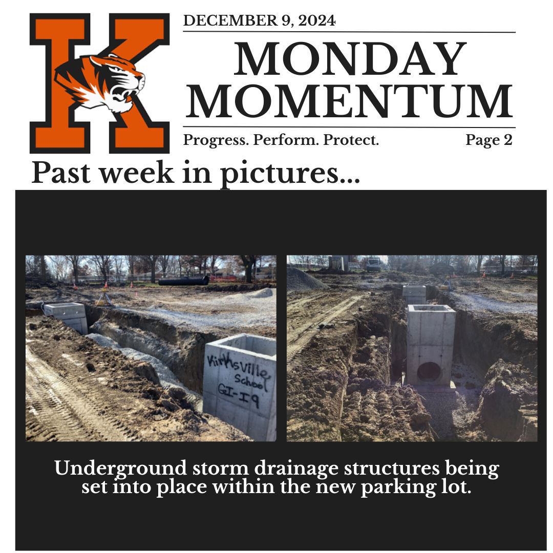  December 9, 2024. Monday Momentum. Progress. Perform. Protect. Page 2.Past Week in Pictures…Underground storm drainage structures being set into place within the new parking lot.