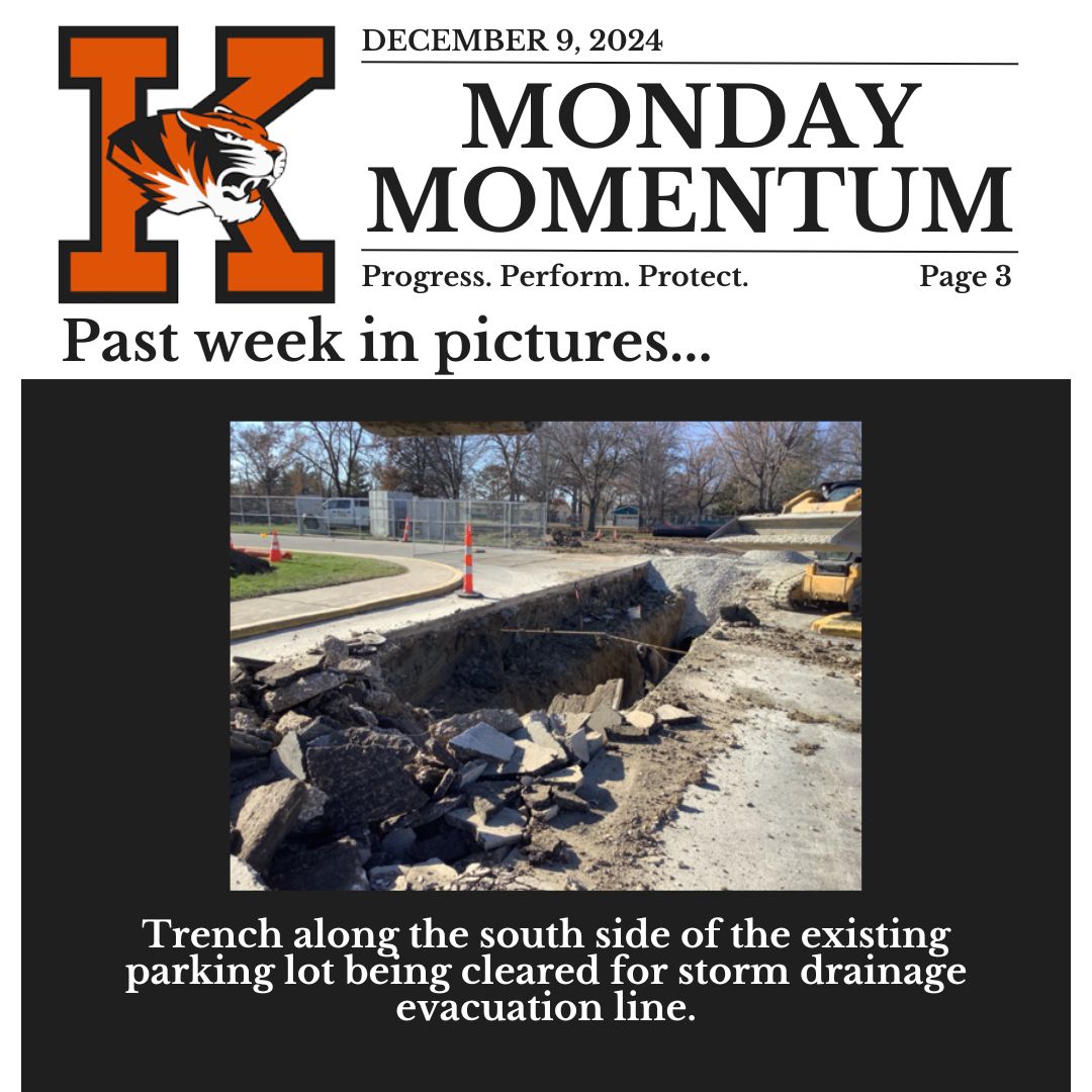 December 9, 2024. Page 3. Monday Momentum. Progress. Perform. Protect. Page 3. Past Week in Pictures…Trench along the south side of the existing parking lot being cleared for storm drainage evacuation line.