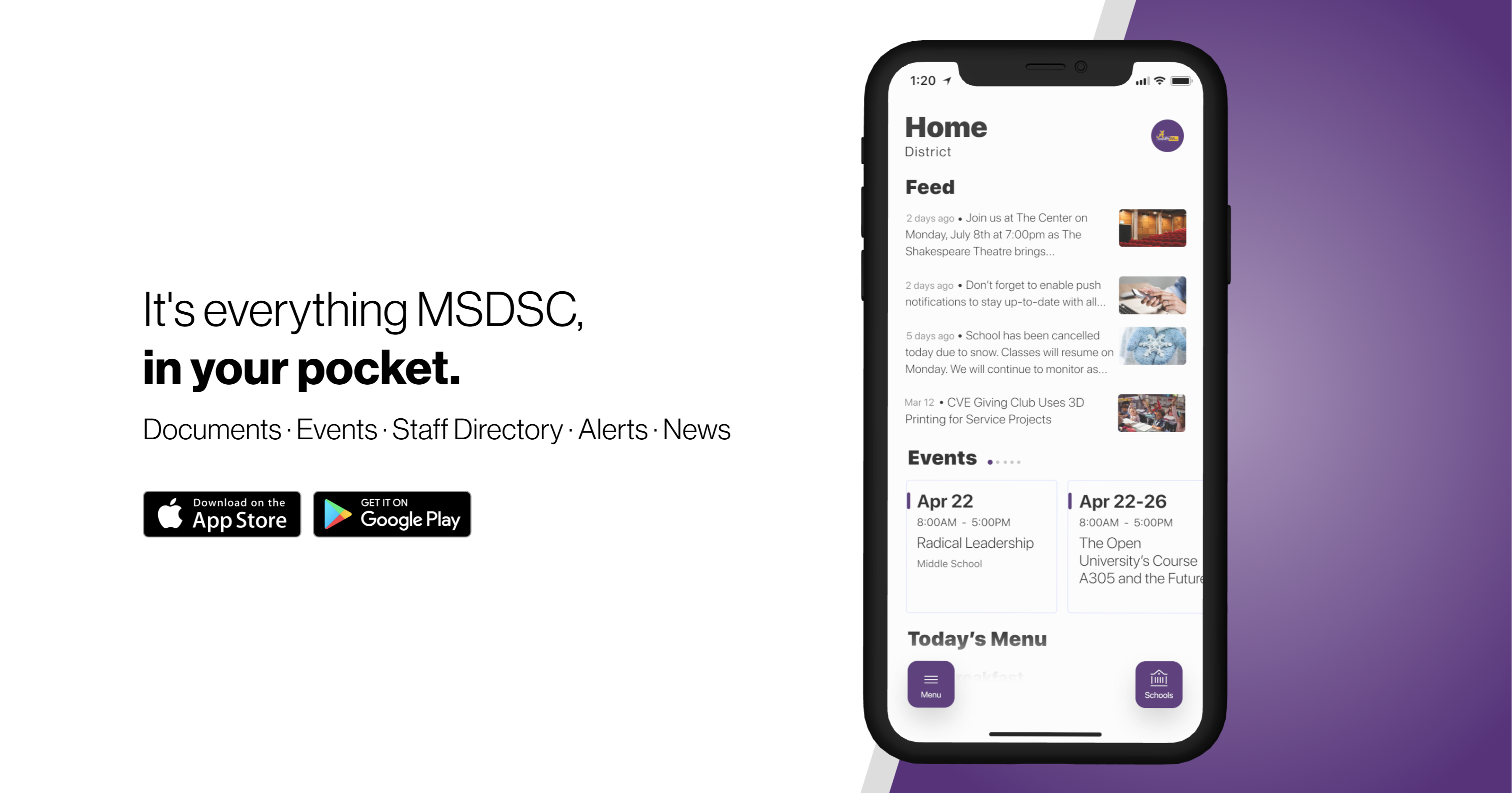 Image with description of school's mobile app and instructions on how to download. It's everything MSDSC, in your pocket. Documents events staff directory alerts news. Download on the app store, get it on google play. App screenshot displays home page with three feed posts: 2 days ago join us at the center on monday, july 8th at 7pm as the shakespeare theatre brings... 2 days ago don't forget to enable push notifications to stay up-to-date with all... 5 days ago School has been cancelled today due to snow. classes will resume on Monday. we will continue to monitor as... Mar 12 CVE giving club uses 3D printing for service projects. Events april 22 radical leadership middle school, april 22-26 the open university's course a305 and the future. Today's menu.