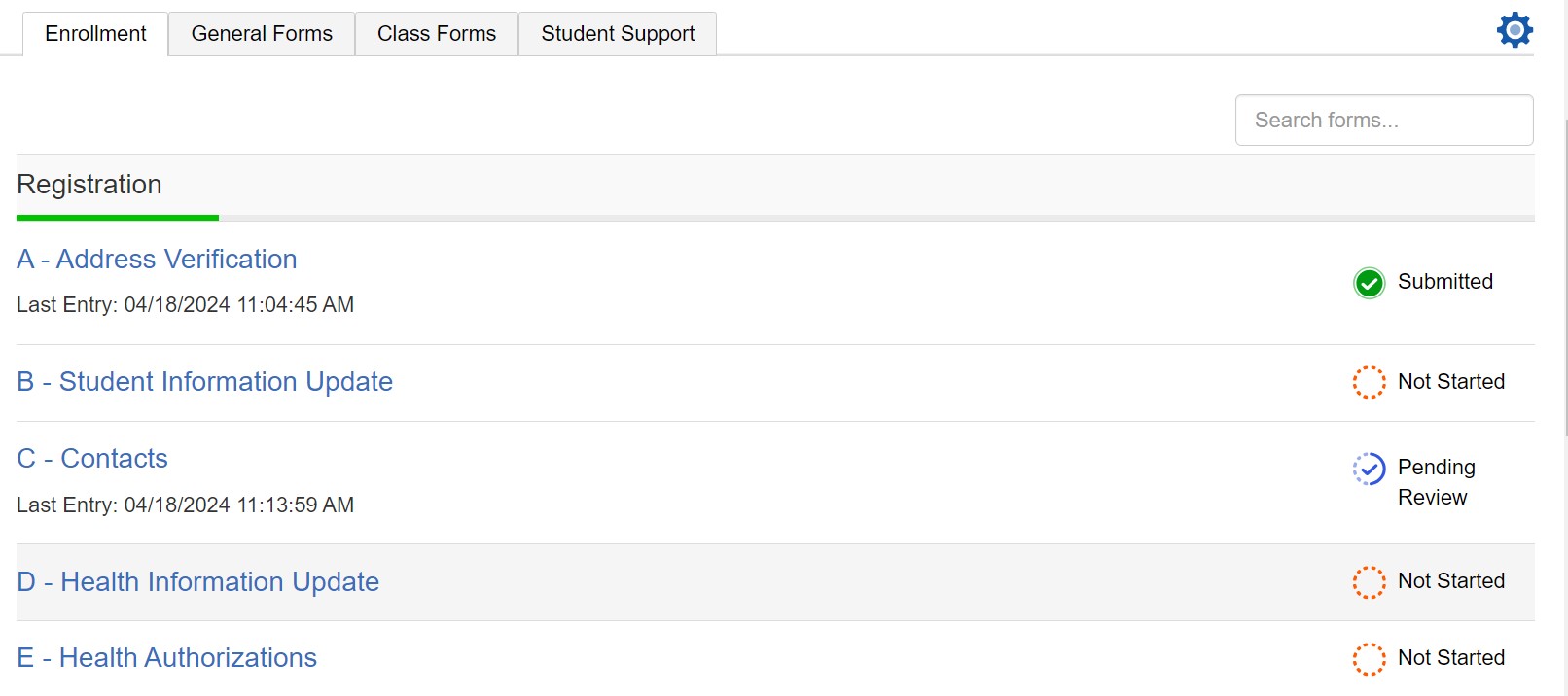 Screenshot of Enrollment page