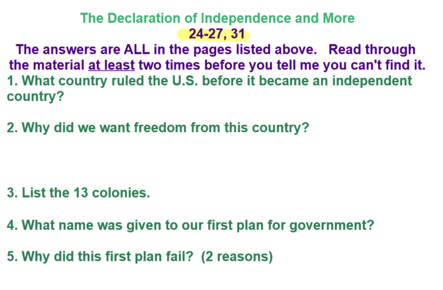 Declaration of Independence and More Questions