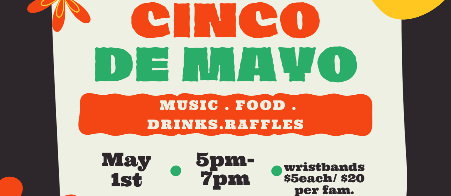 Colorful Cinco de Mayo event flyer with a sombrero and festive decorations announcing a Heritage Academy community event on May 1 from 5 to 7 p.m., featuring music, food, drinks, and raffles, with wristbands $5 each or $20 per family, at 500 South Lincoln Avenue in Jerome