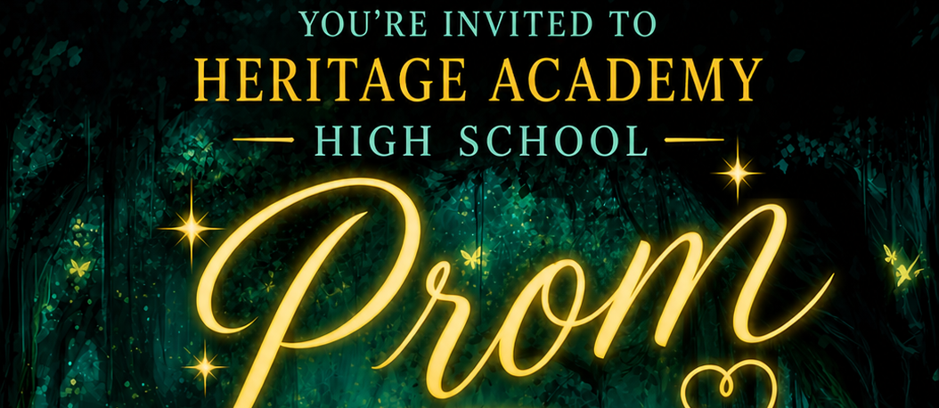 Alt text:  Poster for a Heritage Academy High School prom with an enchanted forest theme. Glowing script reads “Prom – A Night to Remember.” Event details: May 9th, 7–10 PM. Tickets are $15 per person or $25 per couple. Location: Falcon Community Center, 100 E Ave D, Jerome, ID 83338. Note: Non-Heritage guests must fill out a permission form. Decorative elements include glowing lights, trees, and mushrooms, with the phrase “Let’s make this a magical night!” at the bottom.