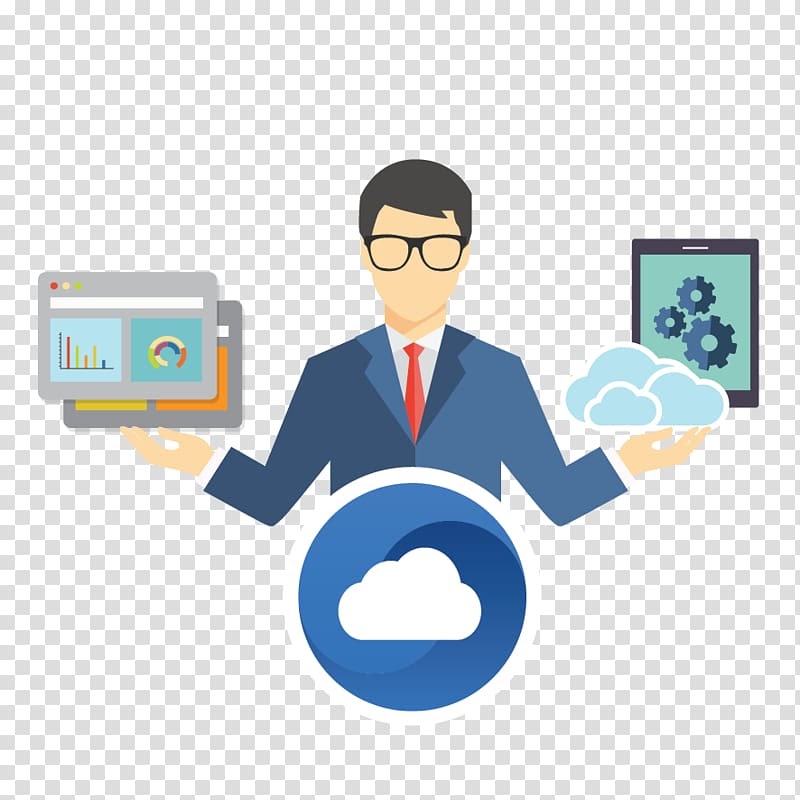 An illustration of a man with computer data in one hand and a tablet and cloud in the other