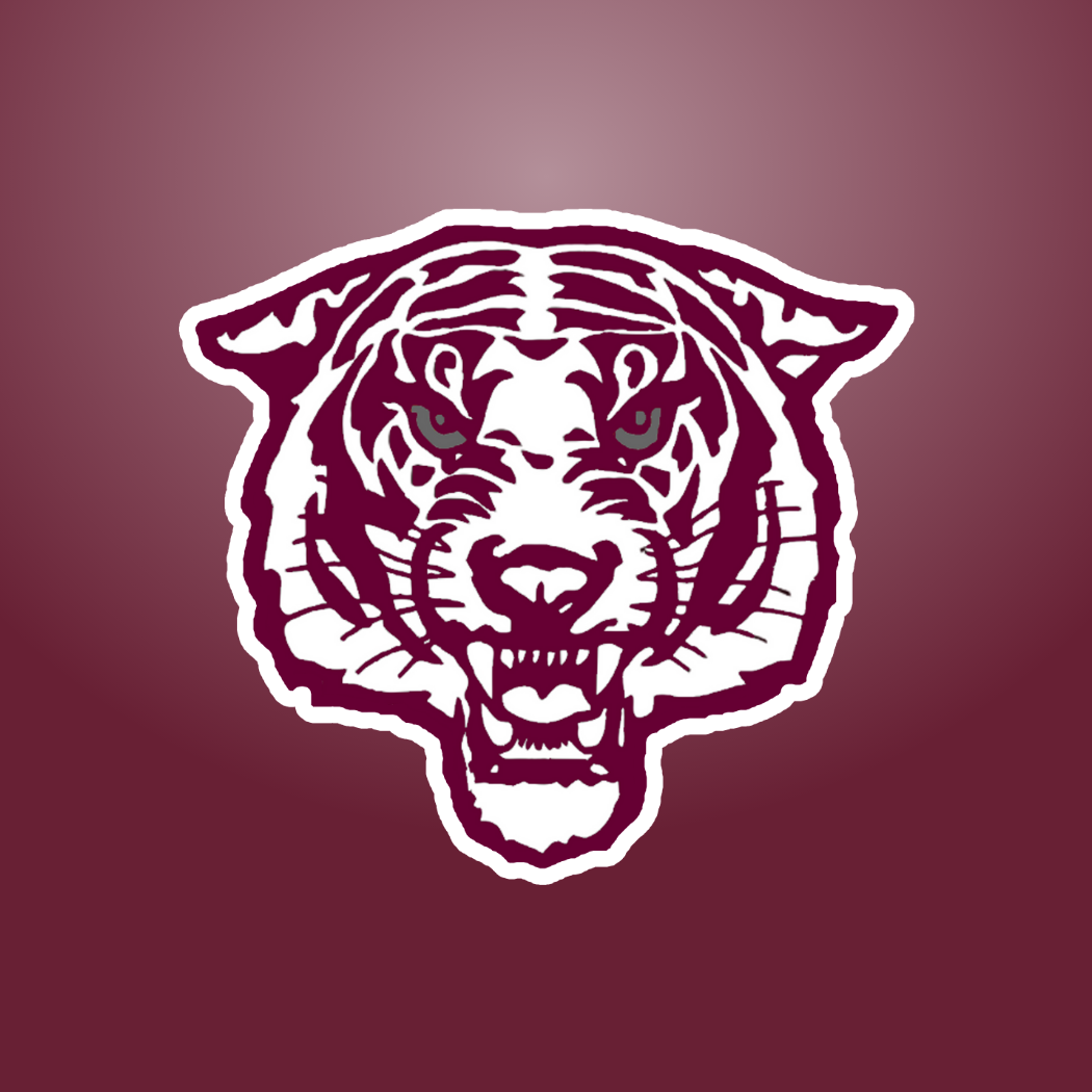 A stylized tiger head with white stripes and red background, teeth showing, eyes green. It appears to be a logo.