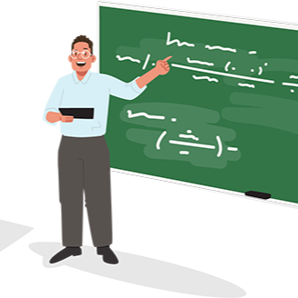 Illustration of a man teaching, pointing at a chalkboard with mathematical equations and a desk beside him.