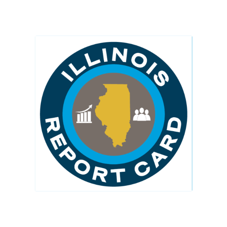 Circular emblem with "Illinois" text. Central yellow map of Illinois, surrounded by icons of a building and people. "REPORT CARD" text below map.