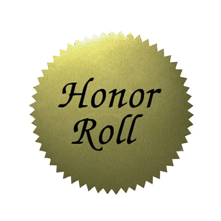 A circular gold badge with a serrated edge reads "Honor Roll" in black text, on a white background.
