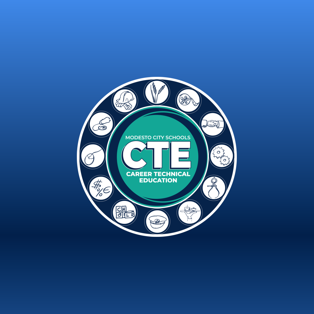 Logo with blue circle background. Text reads "CTE Career Technical Education" with multiple small icons.