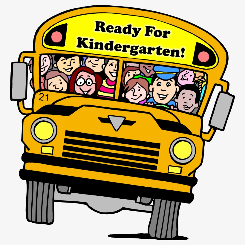 A school bus with yellow and black colors. The words "Ready for Kindergarten!" are written on the front. Kids are sitting inside.