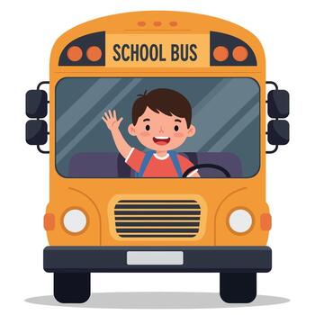 A yellow school bus with a boy waving from the driver's seat. "SCHOOL BUS" is written on the top.