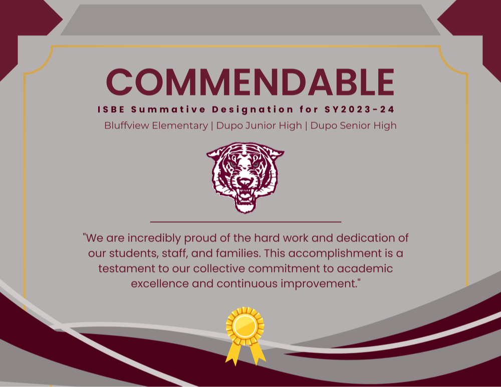 A certificate with "COMMENDABLE" at the top, featuring a tiger logo and text. A yellow ribbon at the bottom.