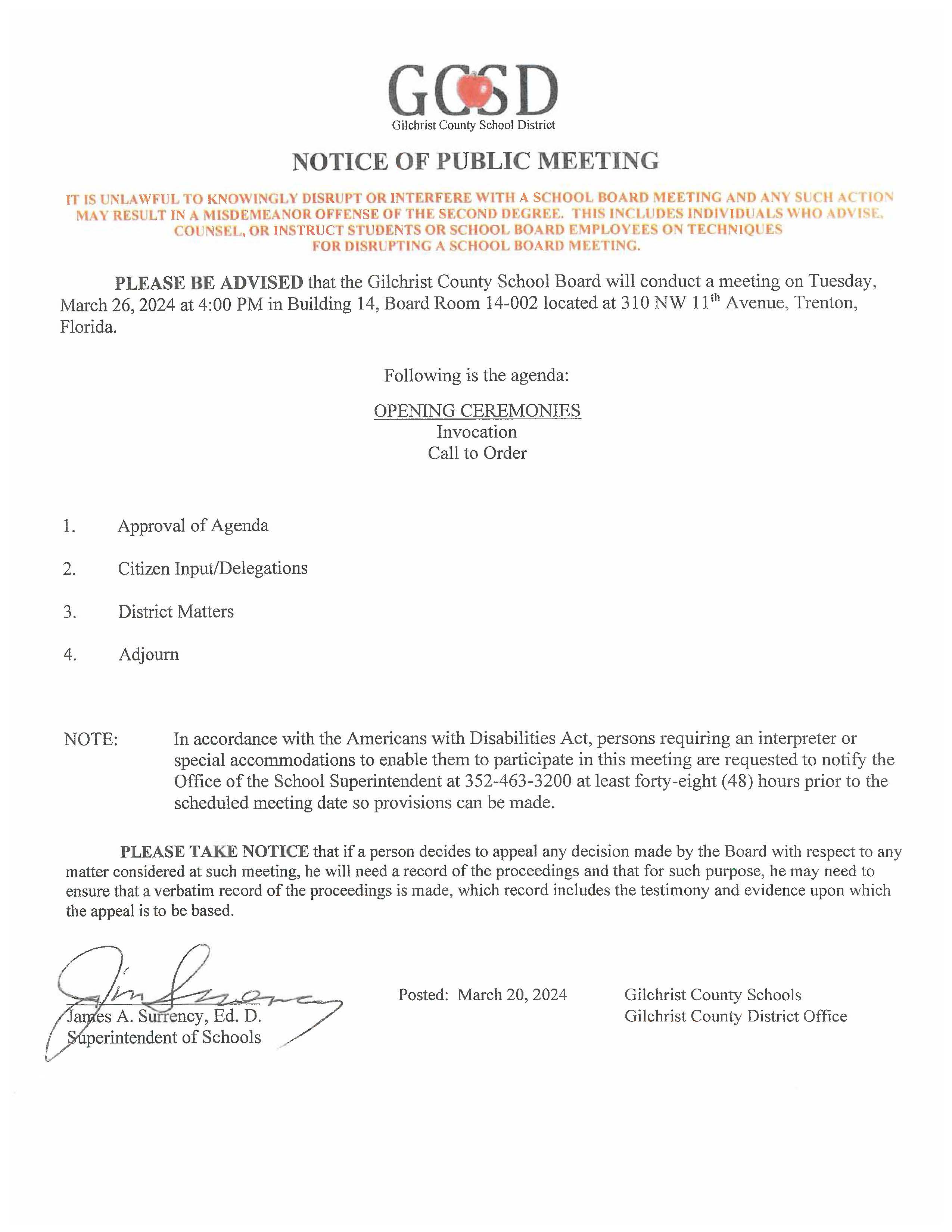 * Gilchrist County School Board Meeting 3/26/24