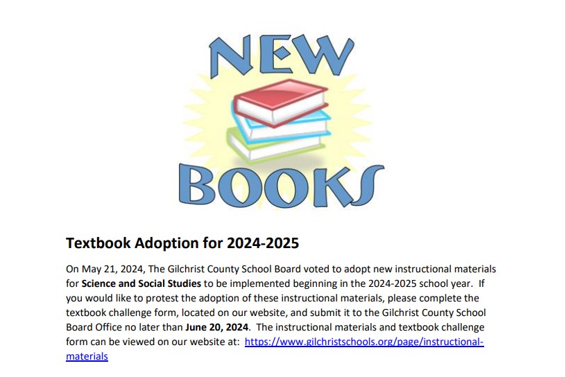 New Textbooks Adopted for 2024-2025 School Year.