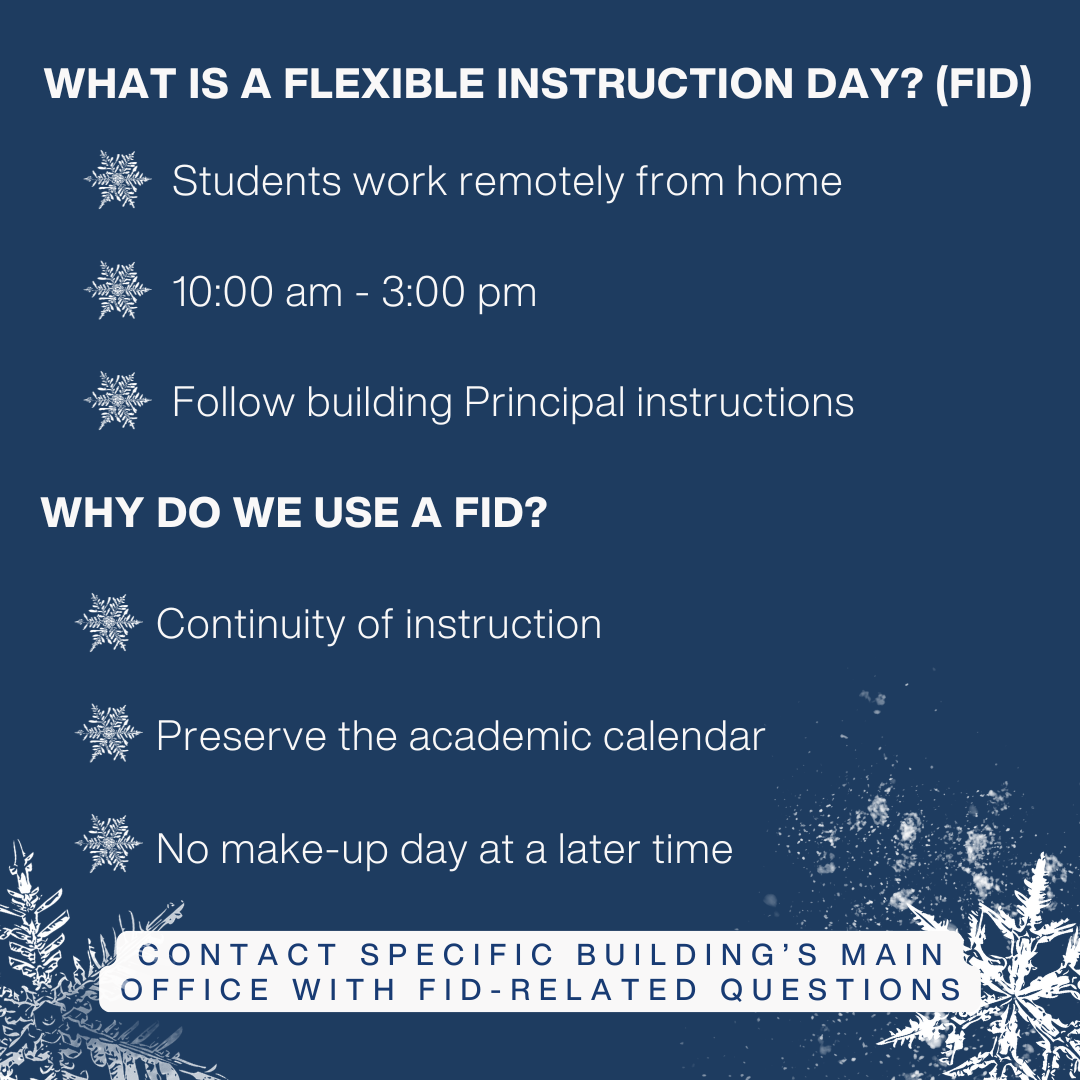 What is a Flexible Instruction Day (FID)? Students work remotely 10 am until 3 pm Follow building Principal instructions   Why do we use a FID? Continuity of instruction Preserve the academic calendar No make-up day at a later time  Contact the specific building's main office with FID-related questions!