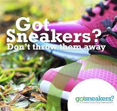 image says "got sneakers? don't throw them away" with sneakers in the background