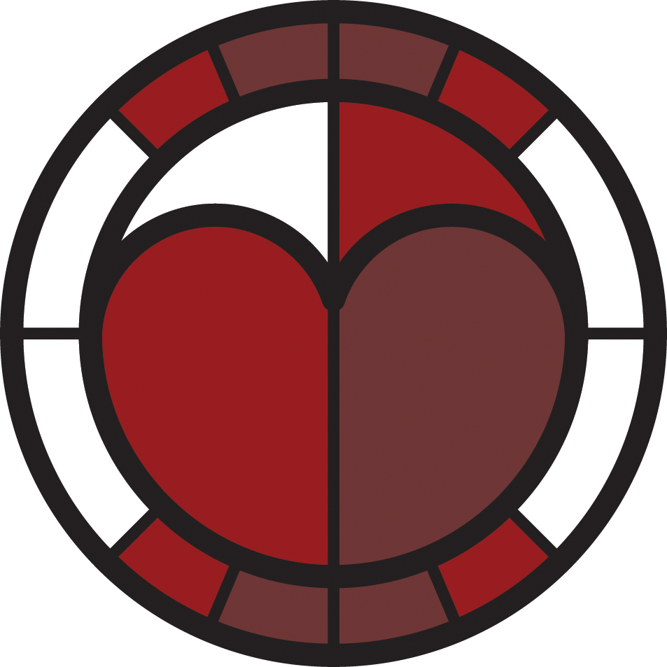 Well-Being icon for 2022-2025 TCDSB MYSP. It is a circular icon drawn in a stained glass window style, with a symmetrical heart shaded in blue.