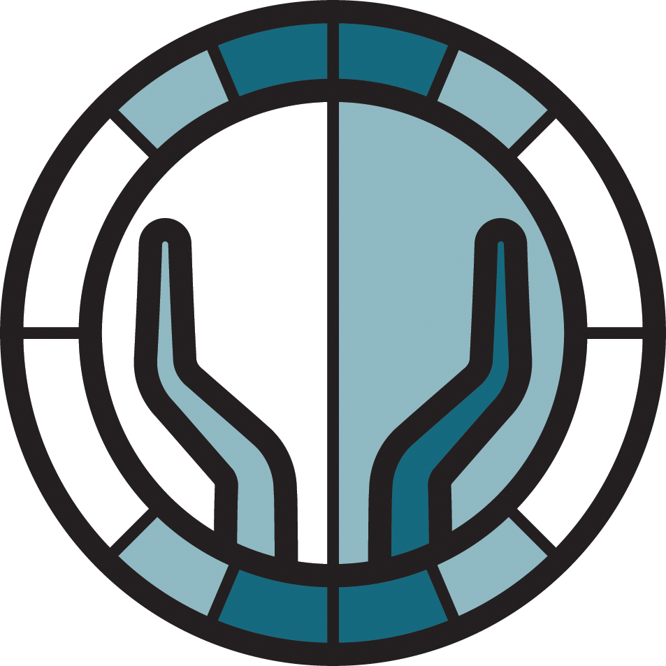 Equity icon for 2022-2025 TCDSB MYSP. It is a circular icon drawn in a stained glass window style, with two hands reaching upwards in prayer shaded in blue.