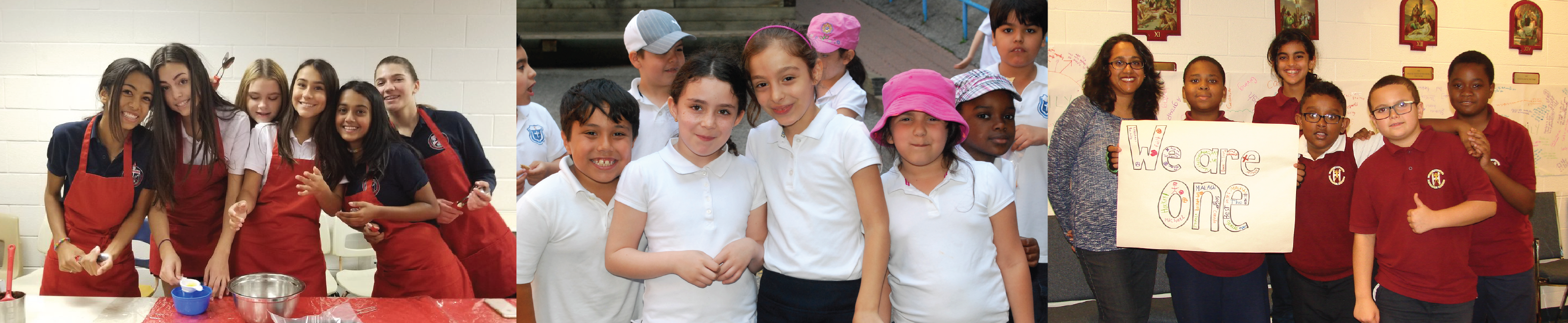 The left image consists of a group of female students in a cooking class. The middle image consists of 4 students in white uniform smiling at the camera. The right image consists of a group of students in uniform and a female teacher holding a sign that reads We Are One.