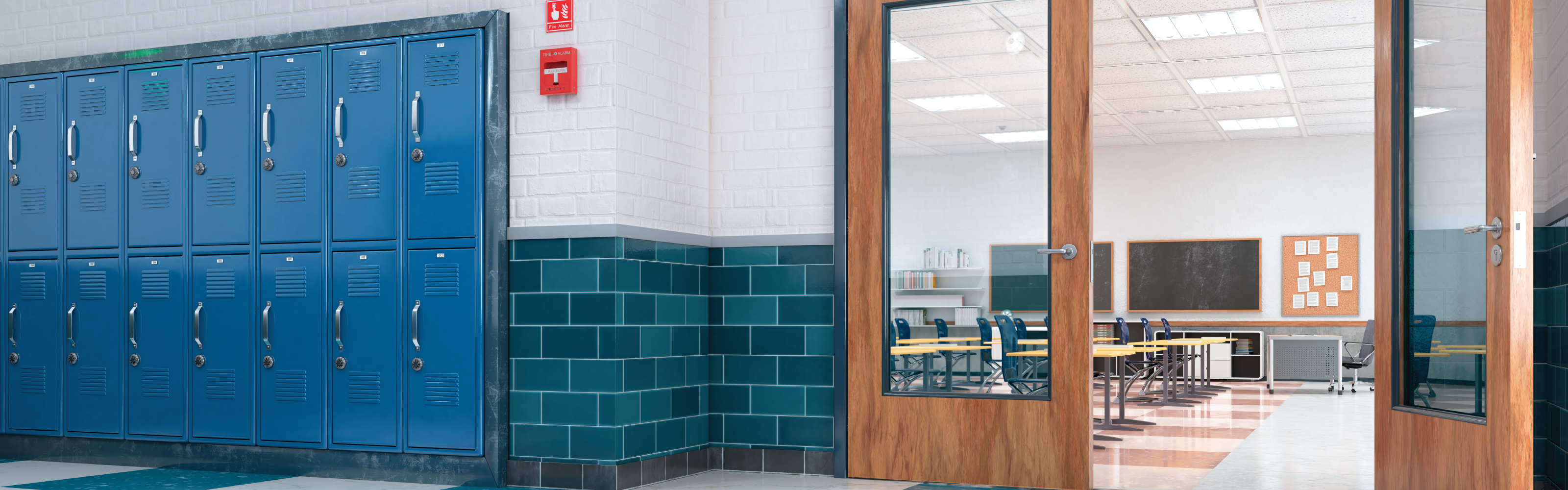 An image with a row of lockers looking into an empty classroom. 