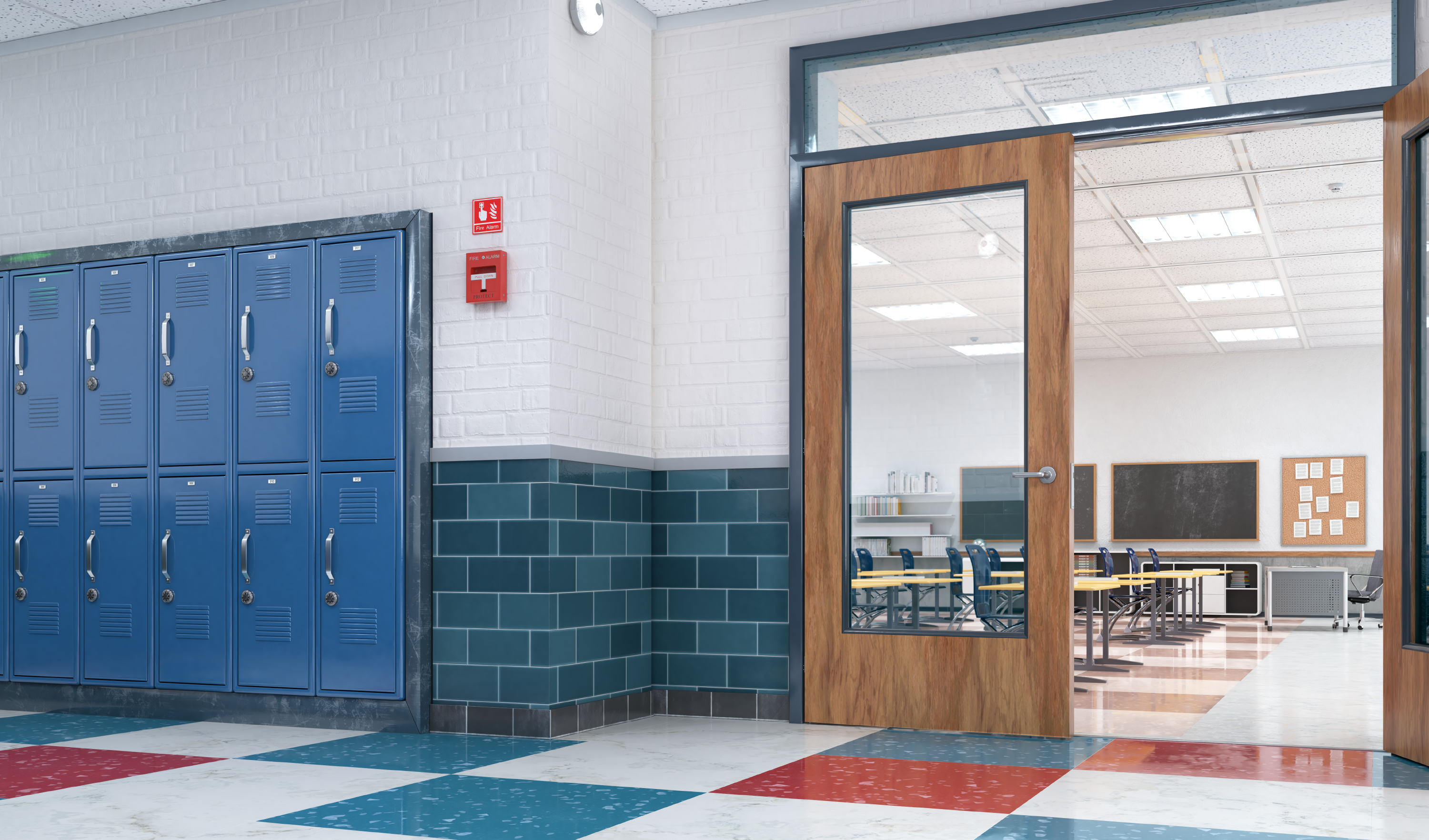 An image of a hallway with blue lockers looking into an empty classroom.