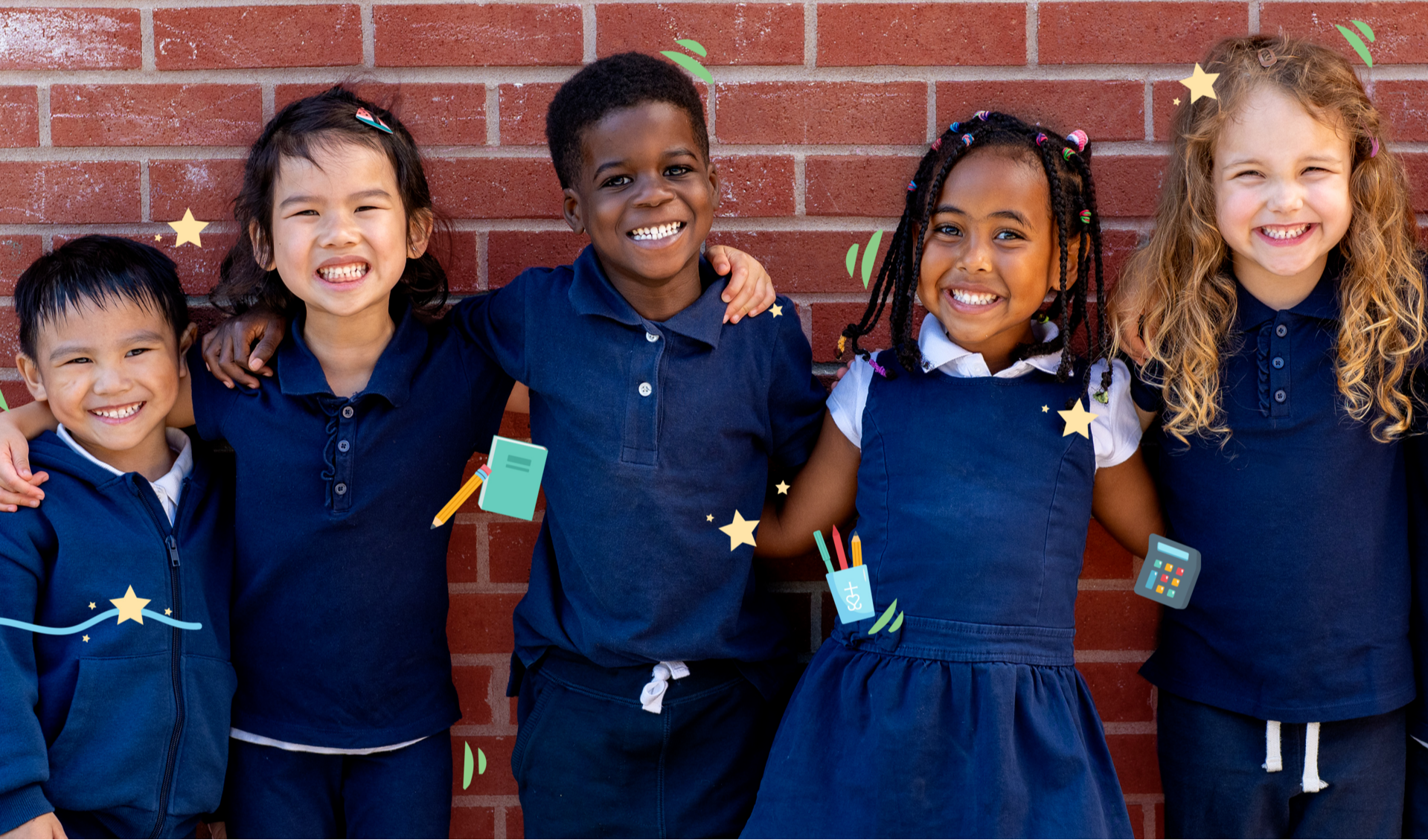 An image of 5 children in navy uniform smiling at the camera. 