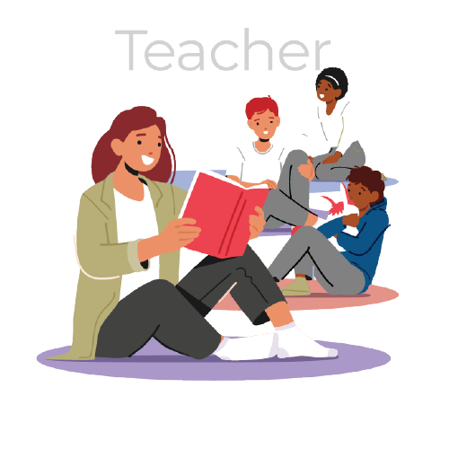 An illustration of a teacher with a group of students.