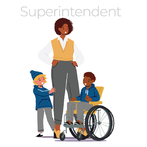 An illustration of a superintendent with two students.