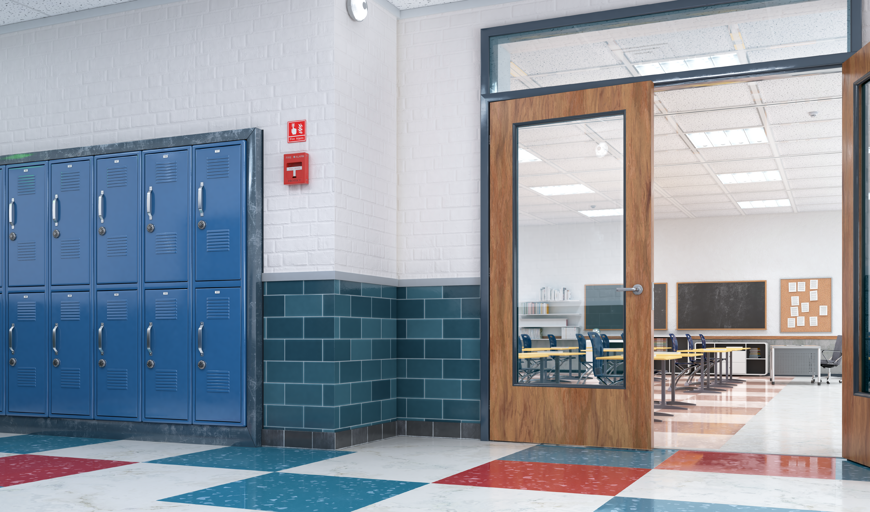 An image of an empty classroom looking from the outside, with a row of blue lockers. 