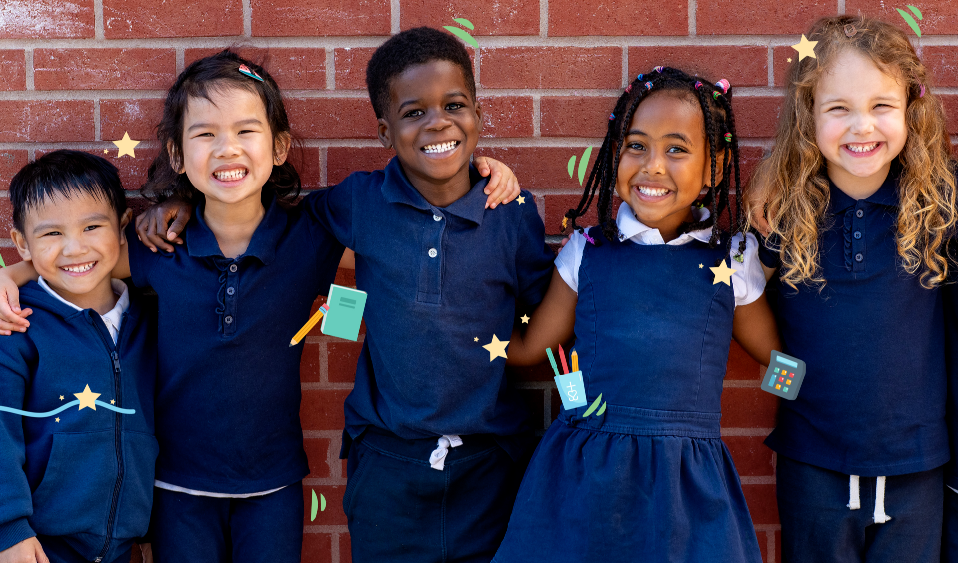 An image with 5 children in navy uniform smiling at the camera.