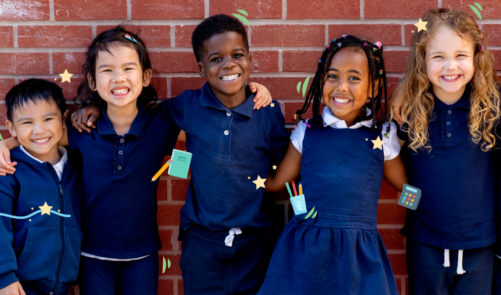 A group of young children stand side by side in front of a red brick wall, wearing navy blue school uniforms. They have their arms around each other, and playful illustrated school-themed graphics—such as stars, pencils, and notebooks—are added around them.