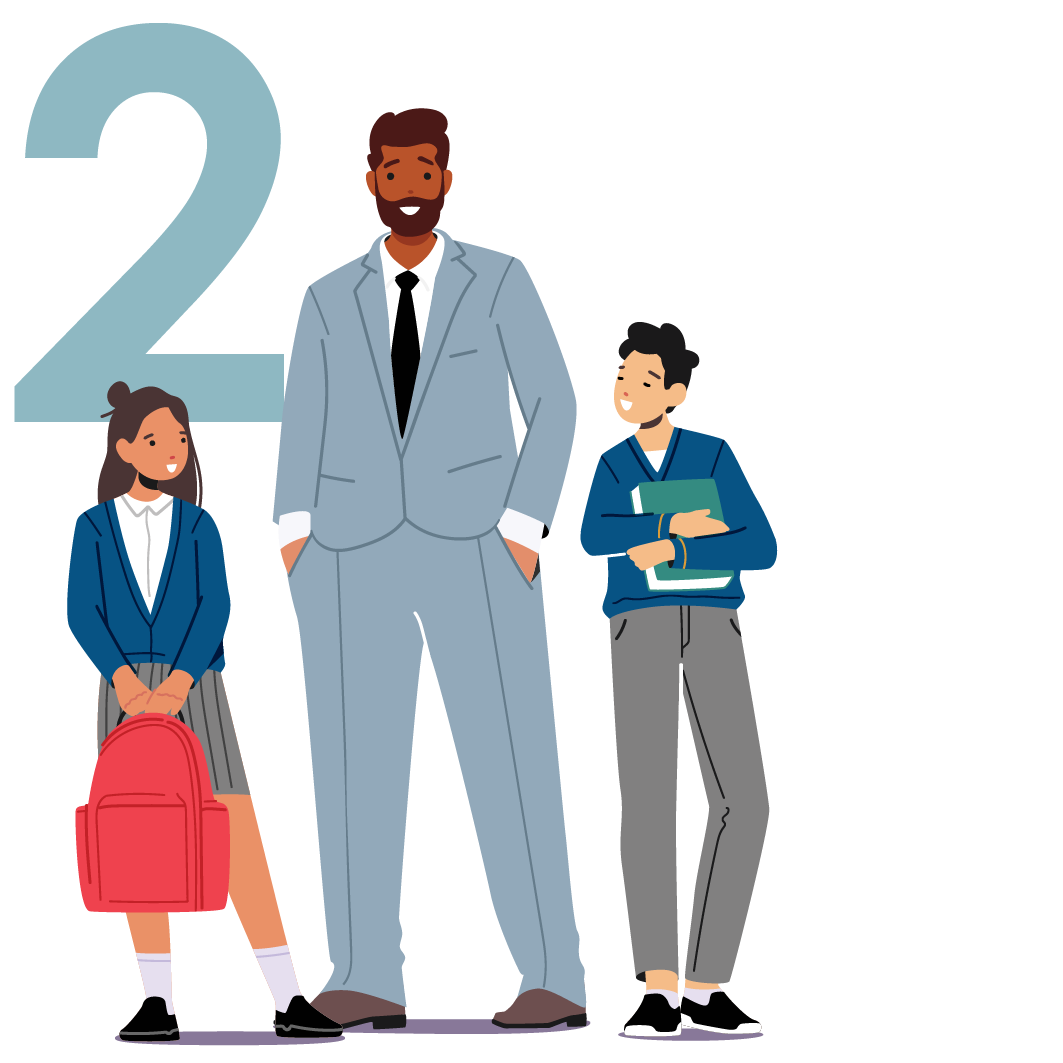 An illustration featuring a large light blue number "2" in the background. A tall man with a beard, wearing a light gray suit and black tie, stands with his hands in his pockets. He is flanked by two school children: a girl on the left holding a red backpack and a boy on the right holding a green book.