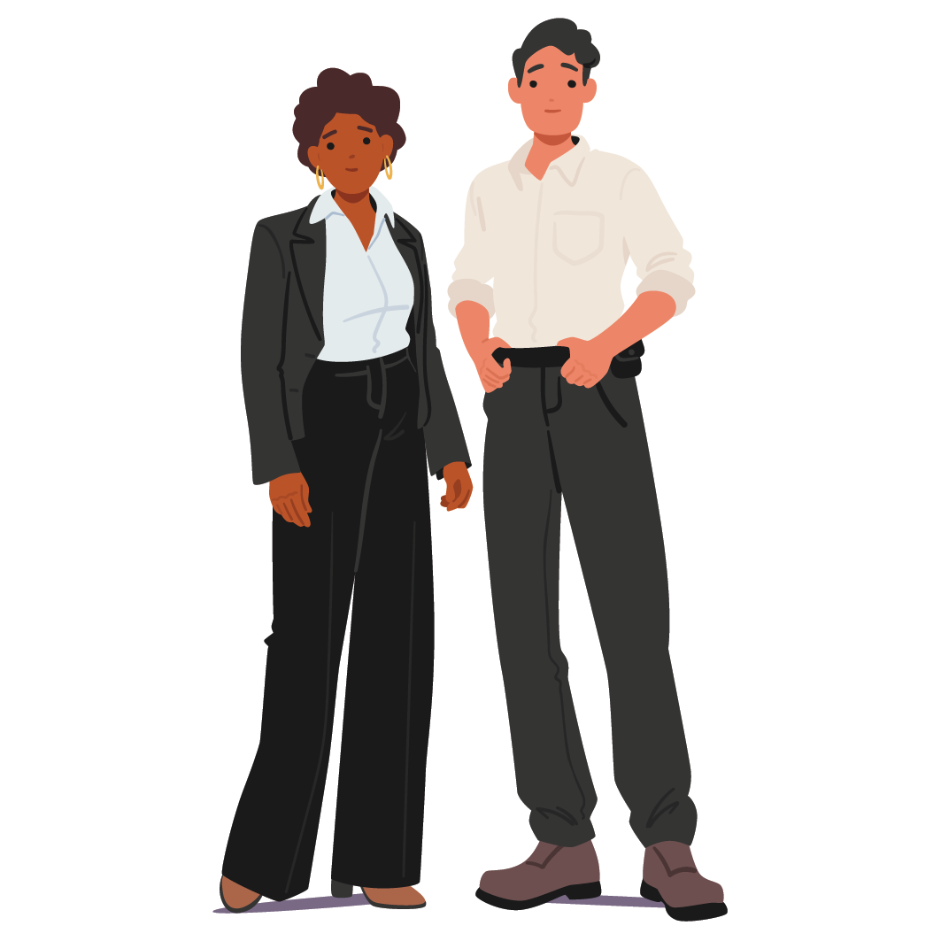 An illustration of two professionally dressed individuals standing side-by-side against a black background. On the left, a woman with short curly hair wears a dark blazer and trousers. On the right, a man in a white button-down shirt and dark trousers stands with his hands near his waist.