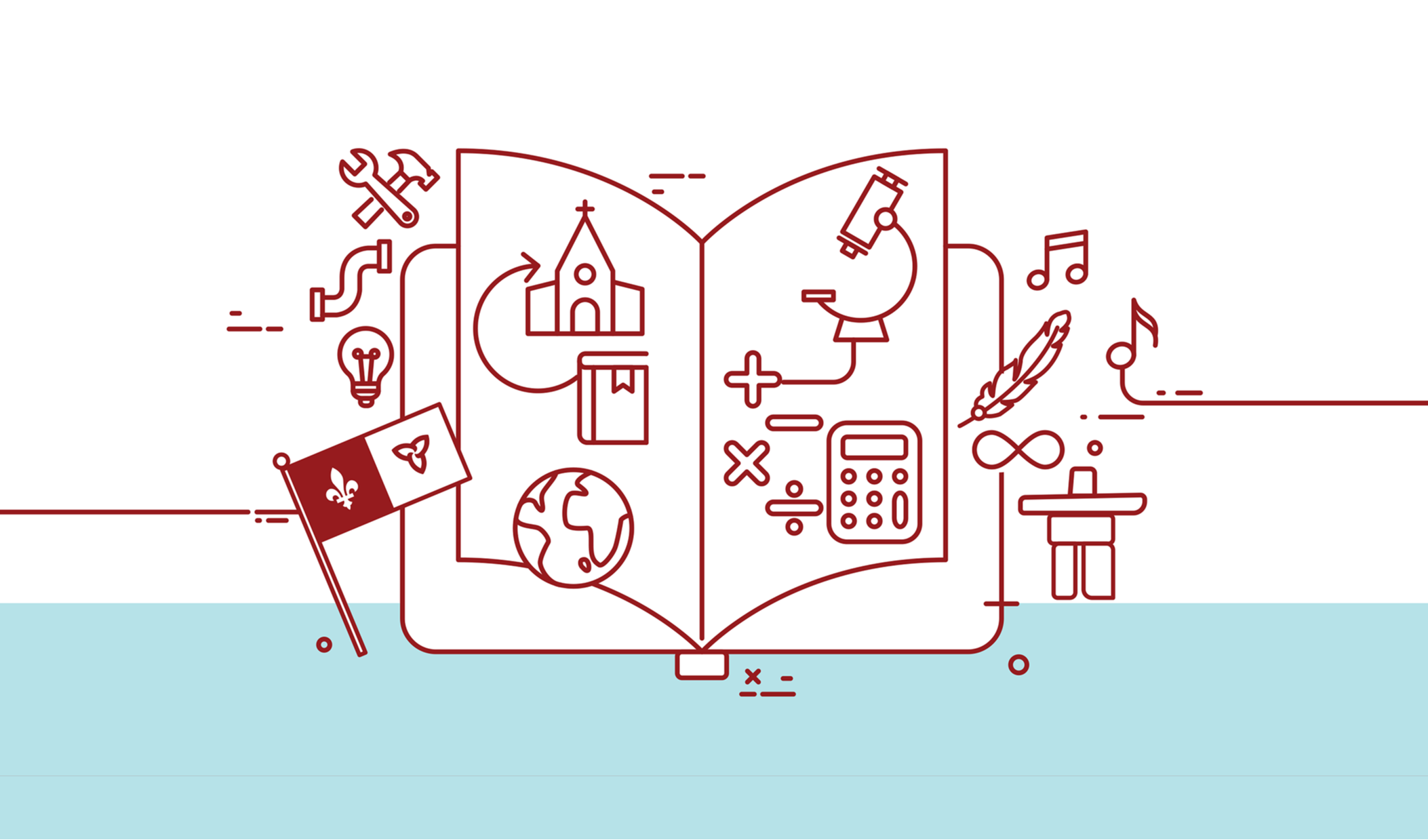 Banner for 2026-2027 Course Offerings Guide with illustration of book, tools, church, globe and calculator.