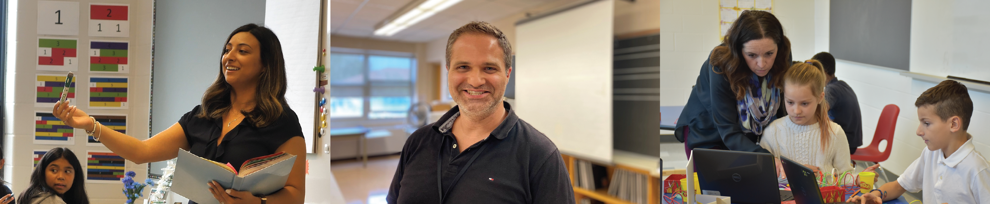 A collage of pictures showing teachers teaching in a classroom.