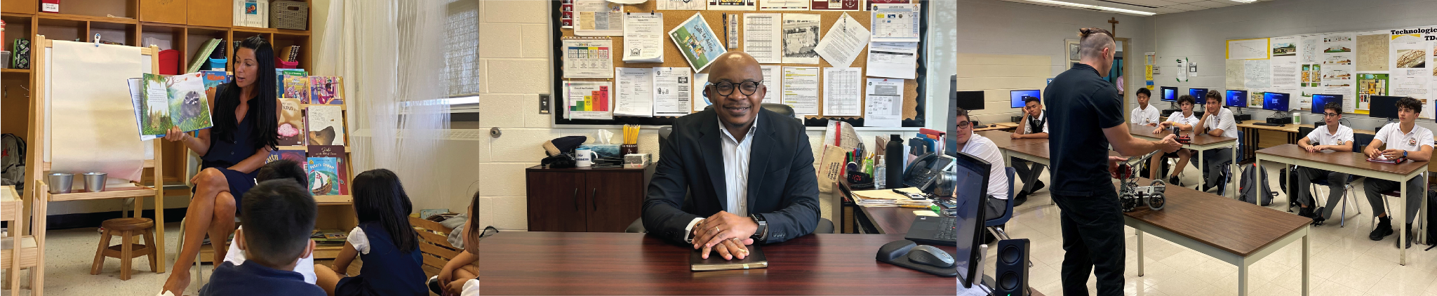 A collage of three classroom scenes. On the left, an educator sits in a primary classroom reading a picture book to a group of young students seated on the floor. In the centre, a school staff member sits at a desk in an office with bulletin boards and papers displayed on the wall behind. On the right, a teacher stands at the front of a classroom addressing older students who are seated at desks .