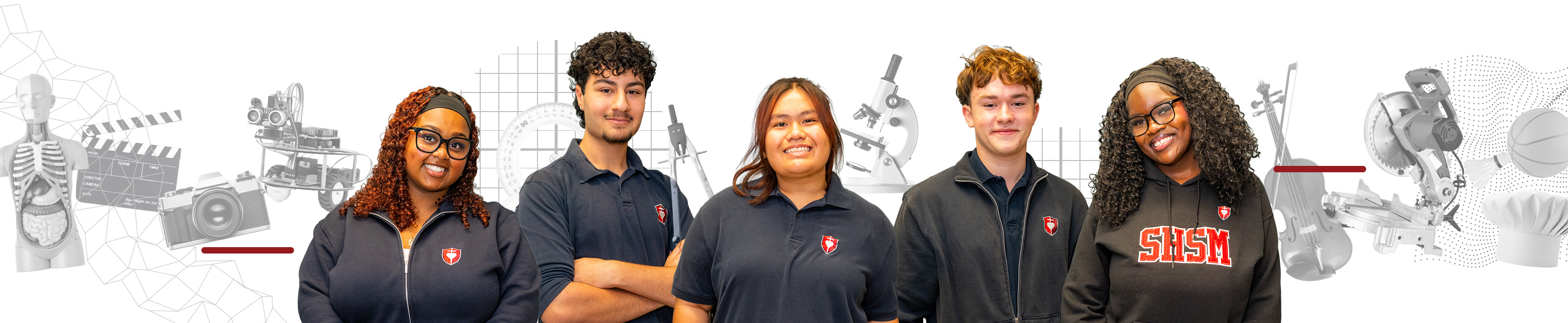 Banner featuring five secondary school students standing side by side in school uniforms. Behind them are grayscale illustrations and images representing various fields of study, including health sciences, media arts, mathematics, science, music, technology, skilled trades, and athletics. The background is light grey with subtle geometric and graphic design elements.