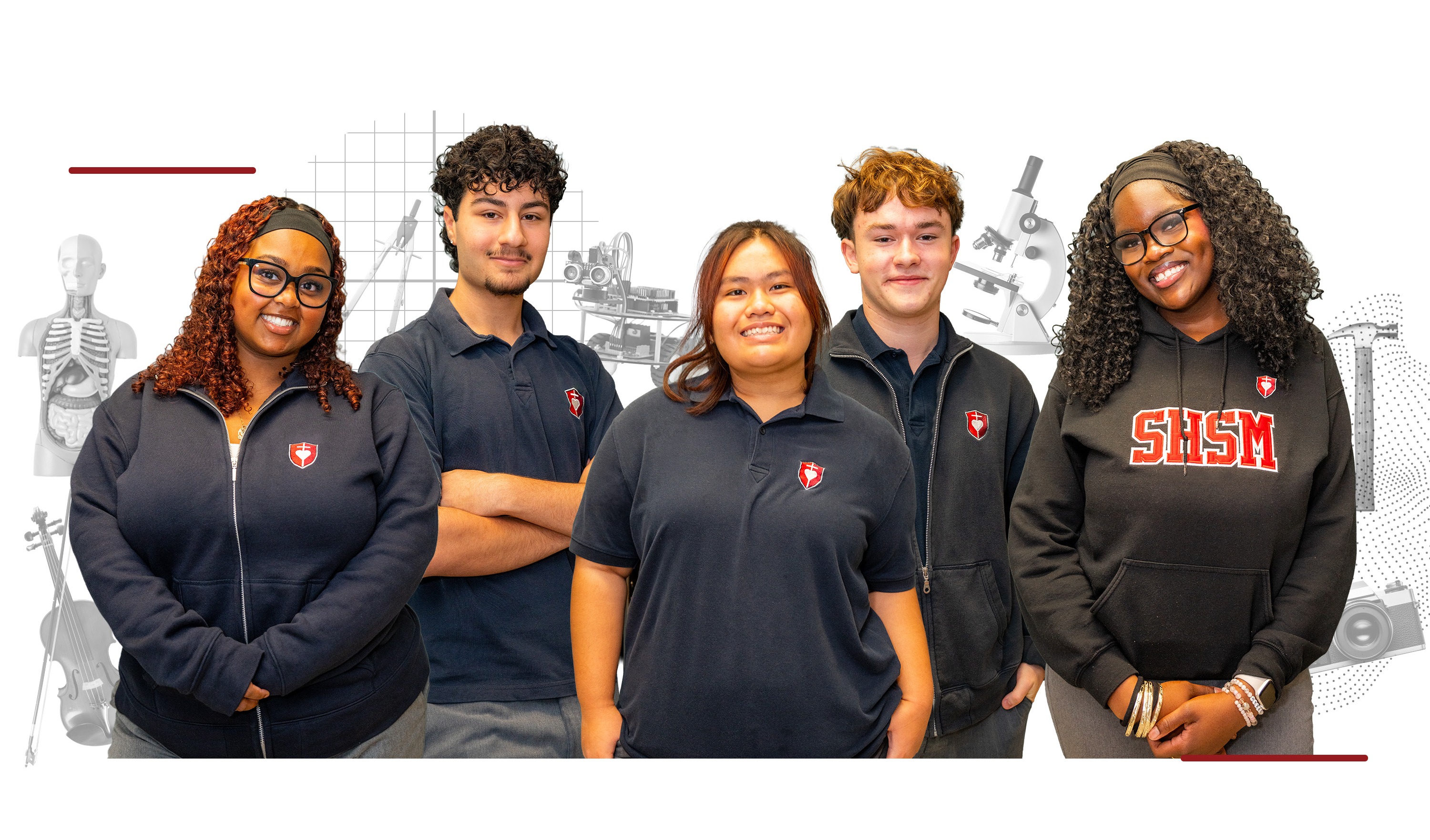 Banner featuring five secondary school students standing side by side in school uniforms. Behind them are grayscale illustrations and images representing various fields of study, including health sciences, media arts, mathematics, science, music, technology, skilled trades, and athletics. The background is light grey with subtle geometric and graphic design elements.