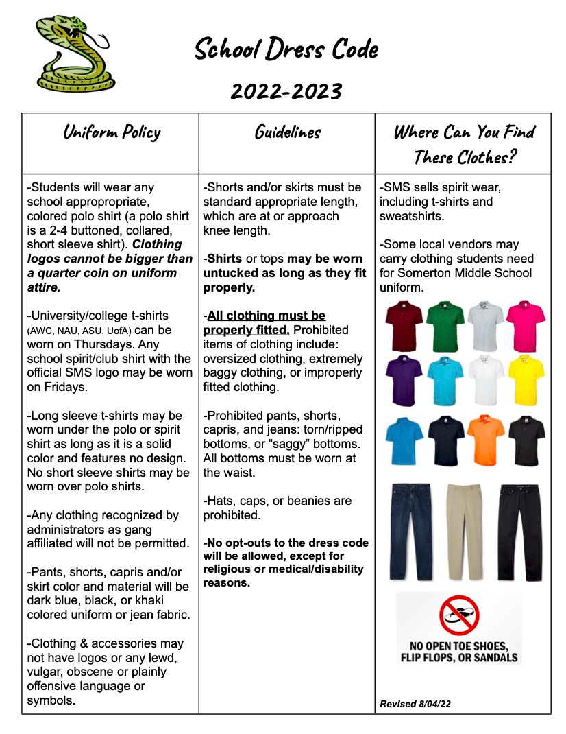 Student inform, includes images of what students are allowed to wear, polo shirts and blue jeans or khaki pants. And describes what is not allowed.