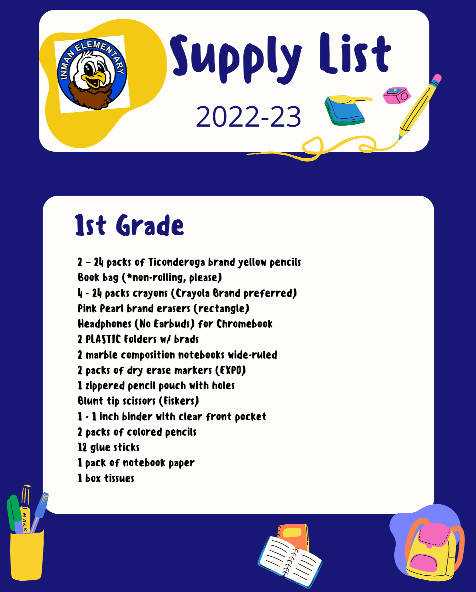 1st Grade Supply List